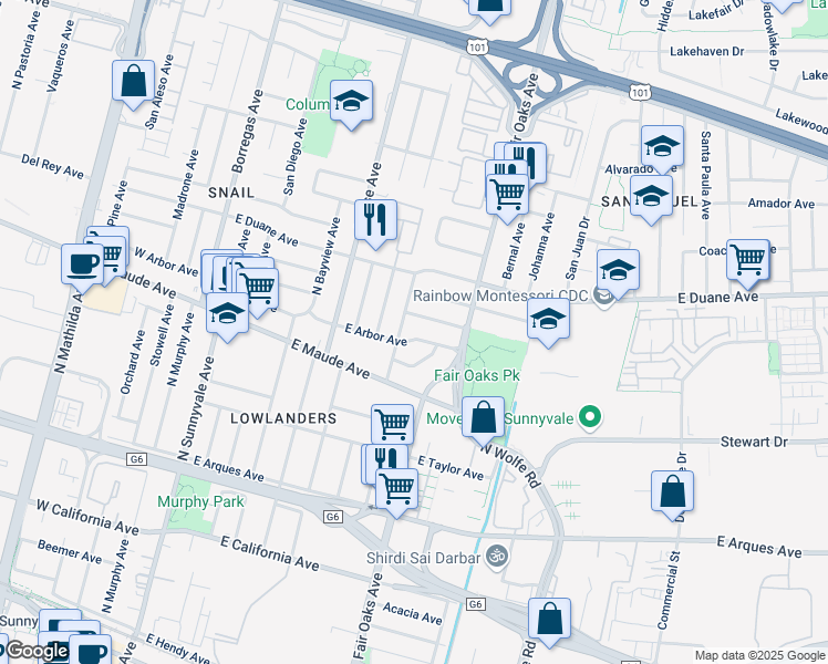 map of restaurants, bars, coffee shops, grocery stores, and more near 558 Balsam Avenue in Sunnyvale