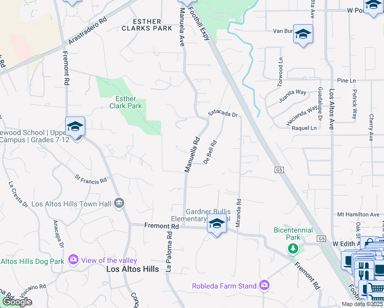 map of restaurants, bars, coffee shops, grocery stores, and more near Manuella Road & Rancho Manuella Lane in Los Altos Hills