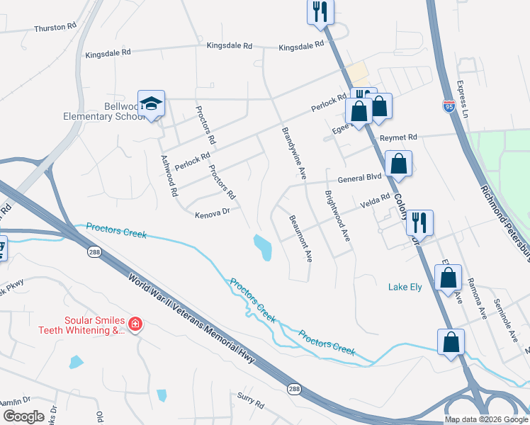 map of restaurants, bars, coffee shops, grocery stores, and more near 10014 South General Boulevard in Richmond