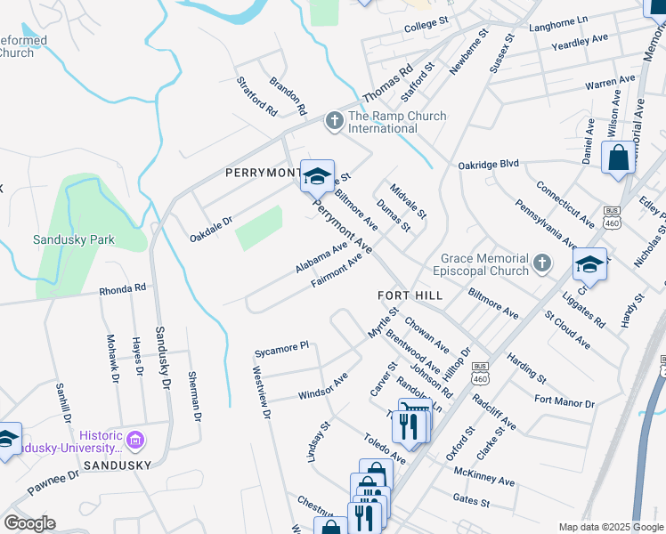 map of restaurants, bars, coffee shops, grocery stores, and more near 4521 Fairmont Avenue in Lynchburg