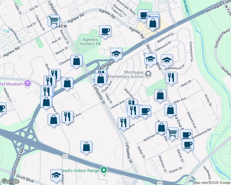 map of restaurants, bars, coffee shops, grocery stores, and more near 1038 Leith Avenue in Santa Clara