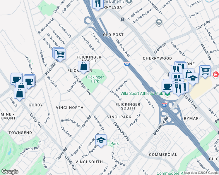 map of restaurants, bars, coffee shops, grocery stores, and more near 2102 Hounslow Drive in San Jose