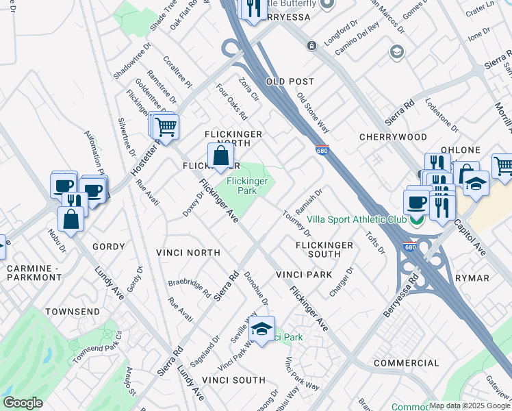 map of restaurants, bars, coffee shops, grocery stores, and more near 2070 Ulster Drive in San Jose