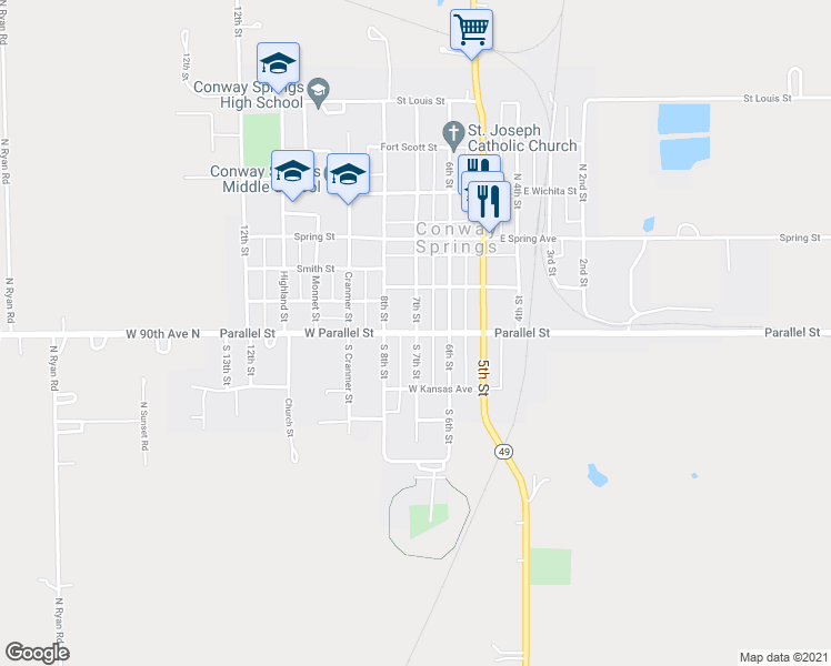 map of restaurants, bars, coffee shops, grocery stores, and more near 303 West Parallel Street in Conway Springs