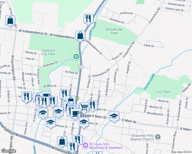 map of restaurants, bars, coffee shops, grocery stores, and more near 313 Greensferry Road in Jackson