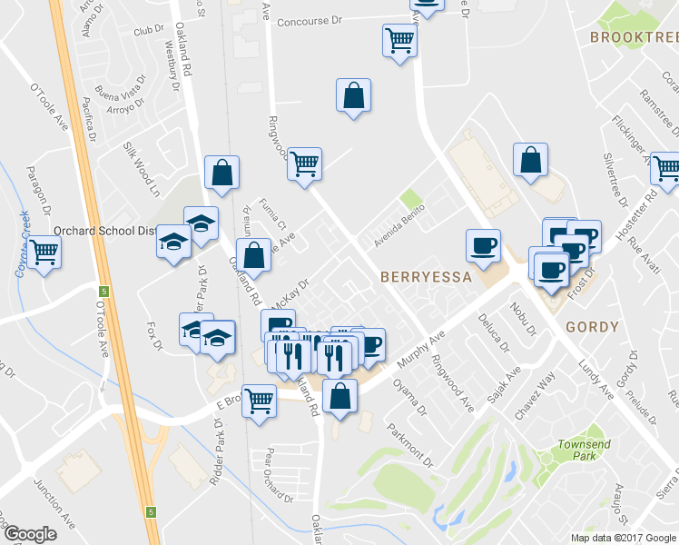 map of restaurants, bars, coffee shops, grocery stores, and more near 1164 Tea Rose Circle in San Jose