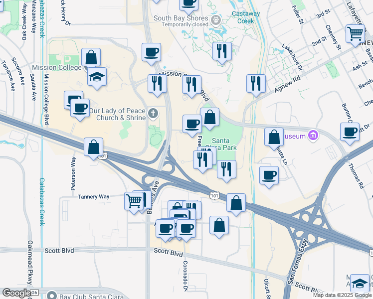 map of restaurants, bars, coffee shops, grocery stores, and more near 3977 Freedom Circle in Santa Clara