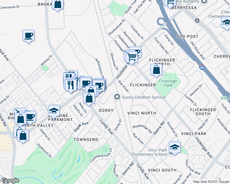 map of restaurants, bars, coffee shops, grocery stores, and more near 1606 Cleo Springs Court in San Jose