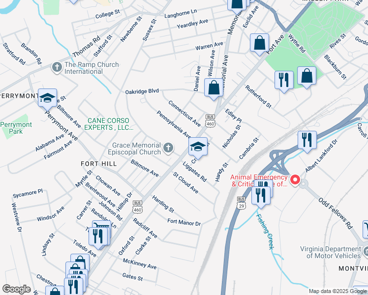 map of restaurants, bars, coffee shops, grocery stores, and more near 4065 Fort Avenue in Lynchburg