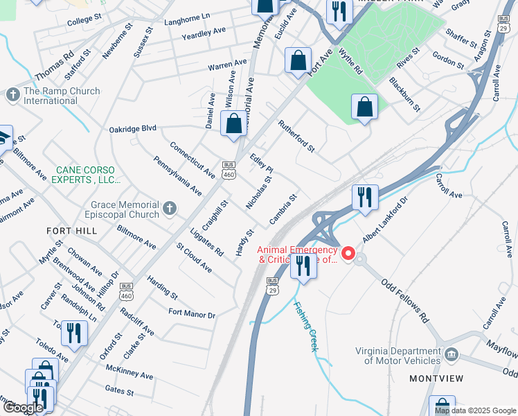 map of restaurants, bars, coffee shops, grocery stores, and more near 3820 Nicholas Street in Lynchburg