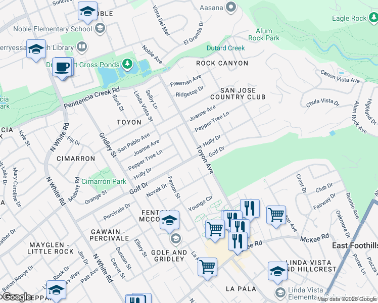 map of restaurants, bars, coffee shops, grocery stores, and more near 698 Linda Flora St in San Jose