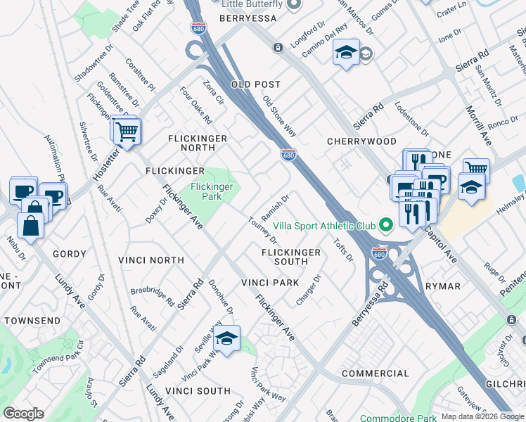 map of restaurants, bars, coffee shops, grocery stores, and more near 2145 Ramish Drive in San Jose