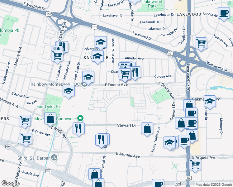 map of restaurants, bars, coffee shops, grocery stores, and more near 561 San Pasqual Terrace in Sunnyvale