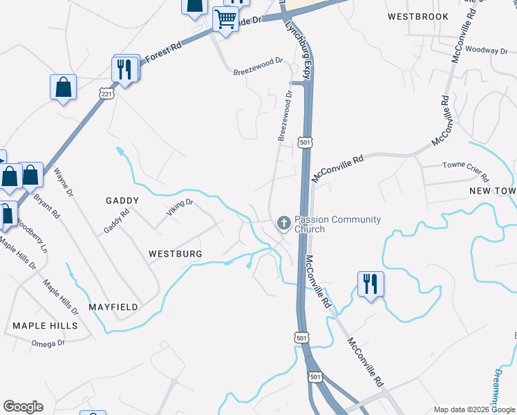 map of restaurants, bars, coffee shops, grocery stores, and more near 110 Saint David Drive in Lynchburg
