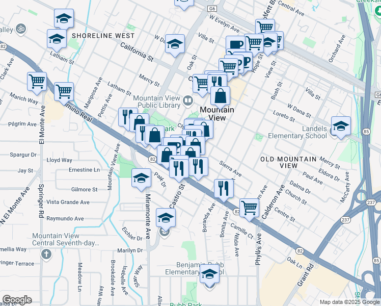 map of restaurants, bars, coffee shops, grocery stores, and more near 750 Castro Street in Mountain View
