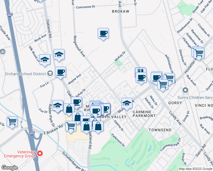 map of restaurants, bars, coffee shops, grocery stores, and more near 1715 Ringwood Avenue in San Jose