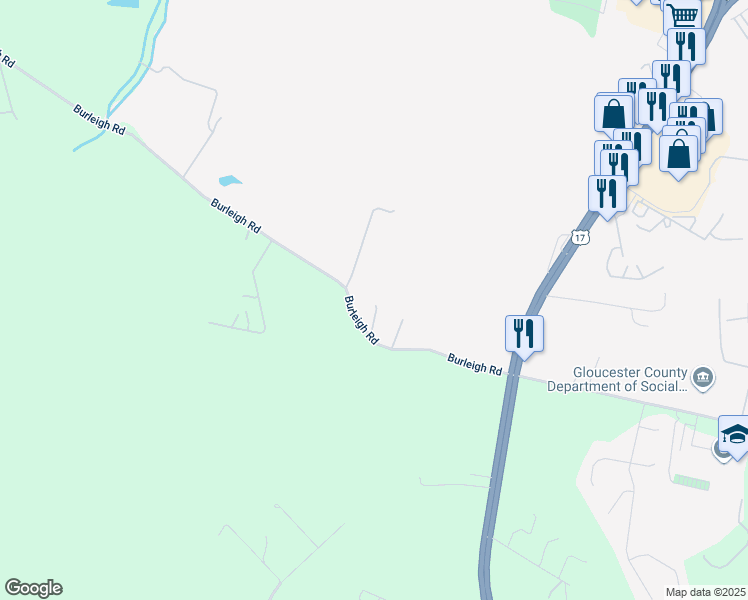 map of restaurants, bars, coffee shops, grocery stores, and more near 6329 Burleigh Road in Gloucester