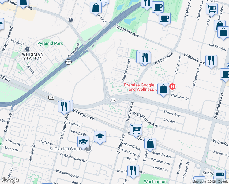 map of restaurants, bars, coffee shops, grocery stores, and more near 1000 Escalon Avenue in Sunnyvale