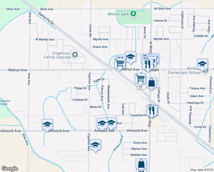 map of restaurants, bars, coffee shops, grocery stores, and more near 6873 Meadowlark Avenue in Winton