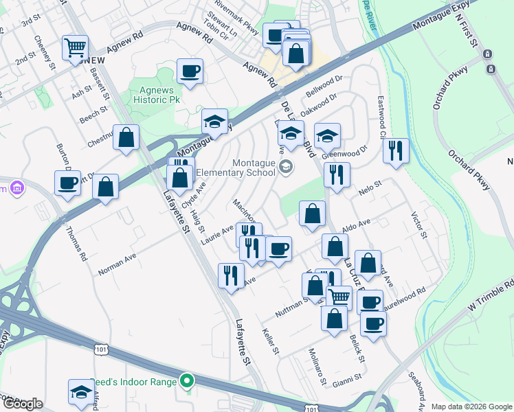 map of restaurants, bars, coffee shops, grocery stores, and more near 823 Laurie Avenue in Santa Clara