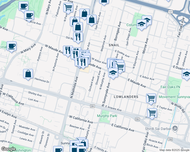 map of restaurants, bars, coffee shops, grocery stores, and more near 382 Orchard Avenue in Sunnyvale
