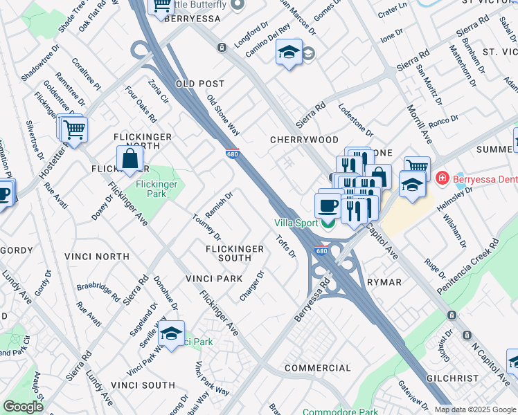 map of restaurants, bars, coffee shops, grocery stores, and more near 1338 Tofts Drive in San Jose