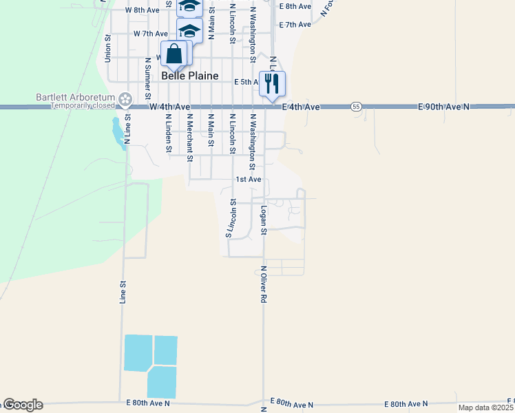 map of restaurants, bars, coffee shops, grocery stores, and more near Logan St in Belle Plaine