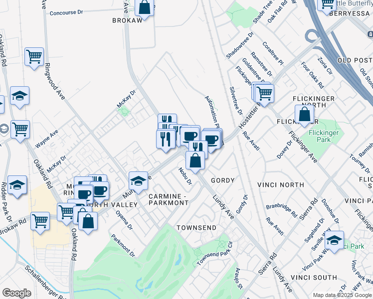 map of restaurants, bars, coffee shops, grocery stores, and more near 818 Hostetter Road in San Jose
