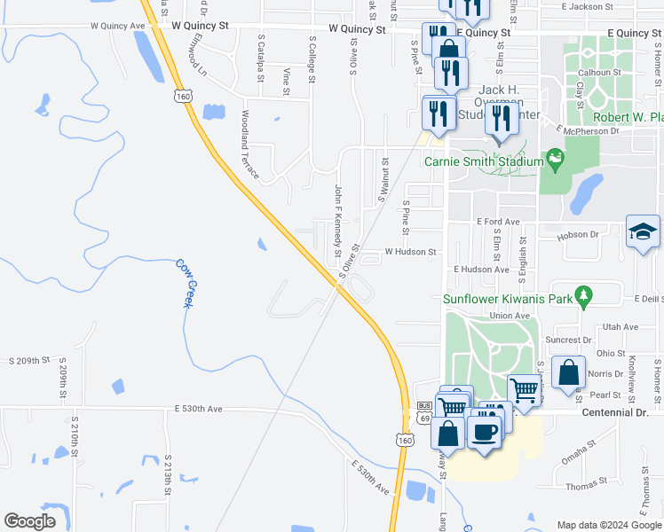 map of restaurants, bars, coffee shops, grocery stores, and more near 2008 J F Kennedy Street in Pittsburg