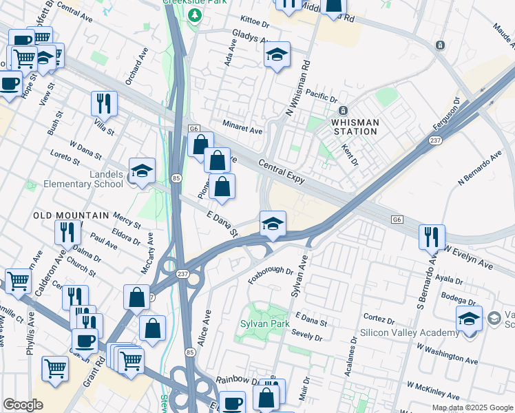 map of restaurants, bars, coffee shops, grocery stores, and more near 188 S Whisman Rd in Mountain View