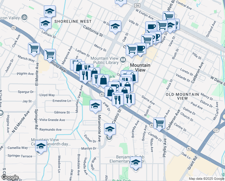 map of restaurants, bars, coffee shops, grocery stores, and more near 953 High School Way in Mountain View