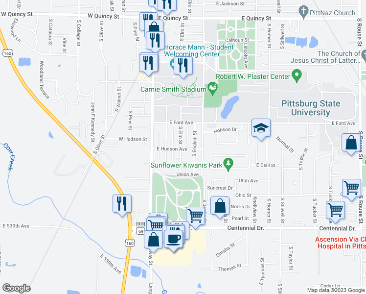 map of restaurants, bars, coffee shops, grocery stores, and more near 1923 South Elm Street in Pittsburg