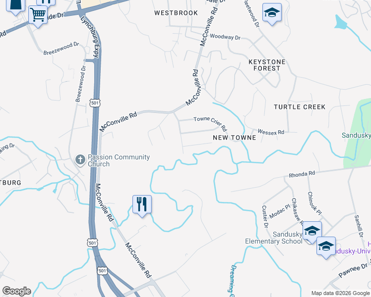 map of restaurants, bars, coffee shops, grocery stores, and more near 148 New Towne Road in Lynchburg