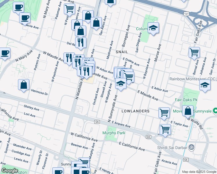 map of restaurants, bars, coffee shops, grocery stores, and more near 385 North Murphy Avenue in Sunnyvale