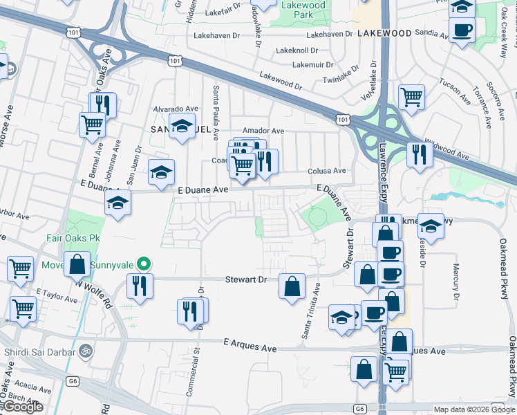 map of restaurants, bars, coffee shops, grocery stores, and more near 580 De Guigne Drive in Sunnyvale