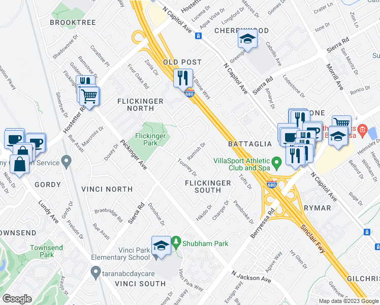 map of restaurants, bars, coffee shops, grocery stores, and more near 2145 Ramish Drive in San Jose