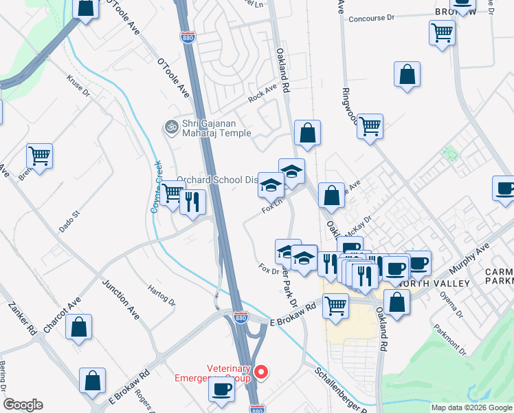 map of restaurants, bars, coffee shops, grocery stores, and more near 871 Fox Ln in San Jose