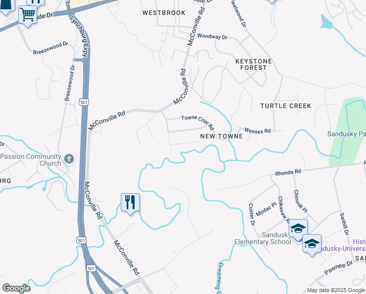 map of restaurants, bars, coffee shops, grocery stores, and more near 425 Three Creeks Court in Lynchburg