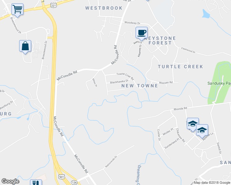 map of restaurants, bars, coffee shops, grocery stores, and more near 417 3 Creeks Court in Lynchburg