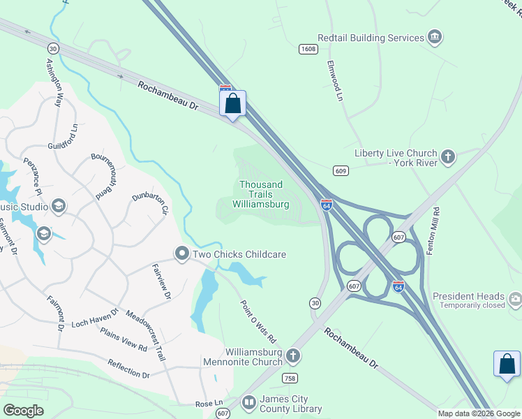 map of restaurants, bars, coffee shops, grocery stores, and more near Patriot Lane in Williamsburg