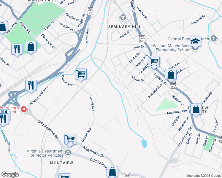 map of restaurants, bars, coffee shops, grocery stores, and more near 2650 Clover Place in Lynchburg