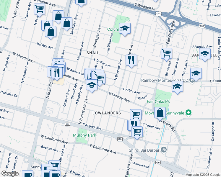 map of restaurants, bars, coffee shops, grocery stores, and more near 544 North Bayview Avenue in Sunnyvale
