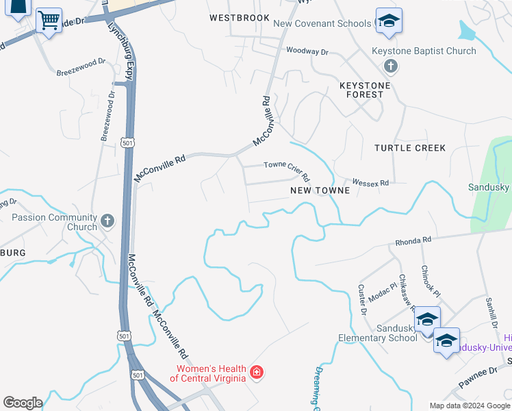 map of restaurants, bars, coffee shops, grocery stores, and more near 405 Three Creeks Court in Lynchburg