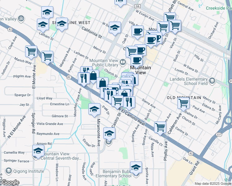 map of restaurants, bars, coffee shops, grocery stores, and more near 900 High School Way in Mountain View