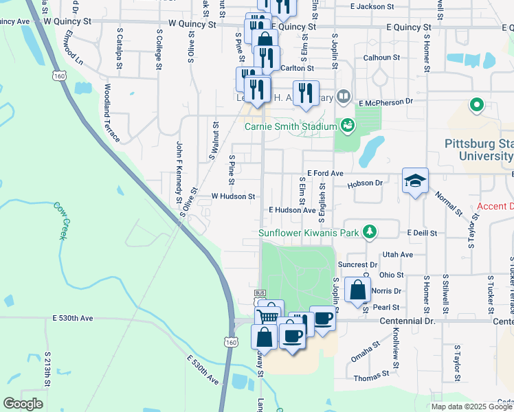 map of restaurants, bars, coffee shops, grocery stores, and more near 2008 South Broadway Street in Pittsburg