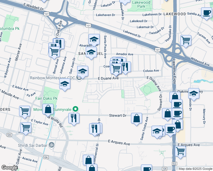 map of restaurants, bars, coffee shops, grocery stores, and more near 561 San Pasqual Terrace in Sunnyvale