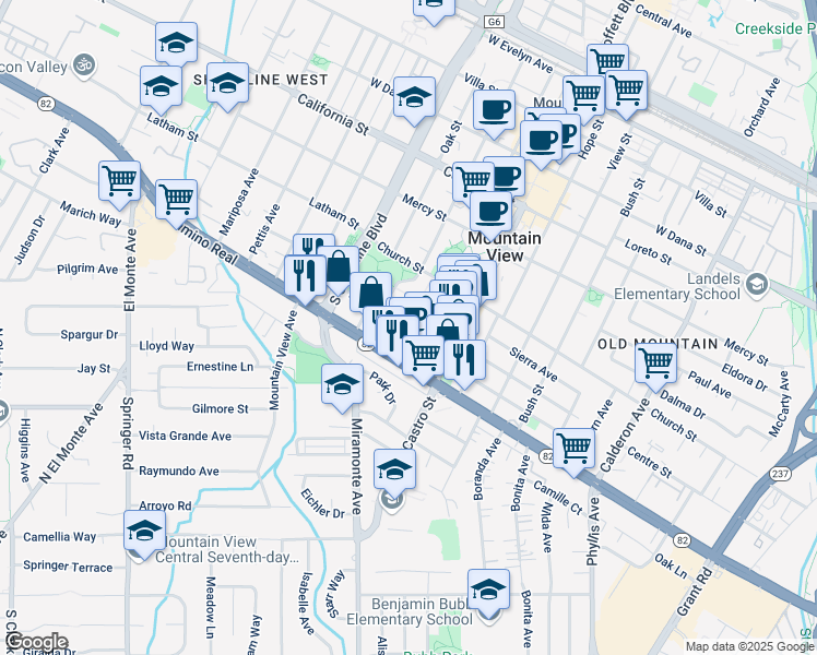 map of restaurants, bars, coffee shops, grocery stores, and more near 953 High School Way in Mountain View