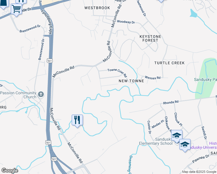 map of restaurants, bars, coffee shops, grocery stores, and more near 425 Three Creeks Court in Lynchburg