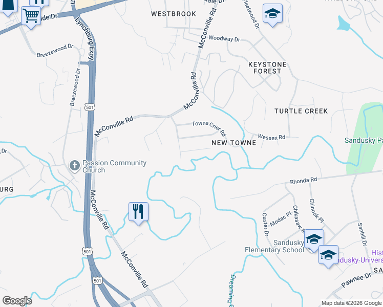 map of restaurants, bars, coffee shops, grocery stores, and more near 425 Three Creeks Court in Lynchburg
