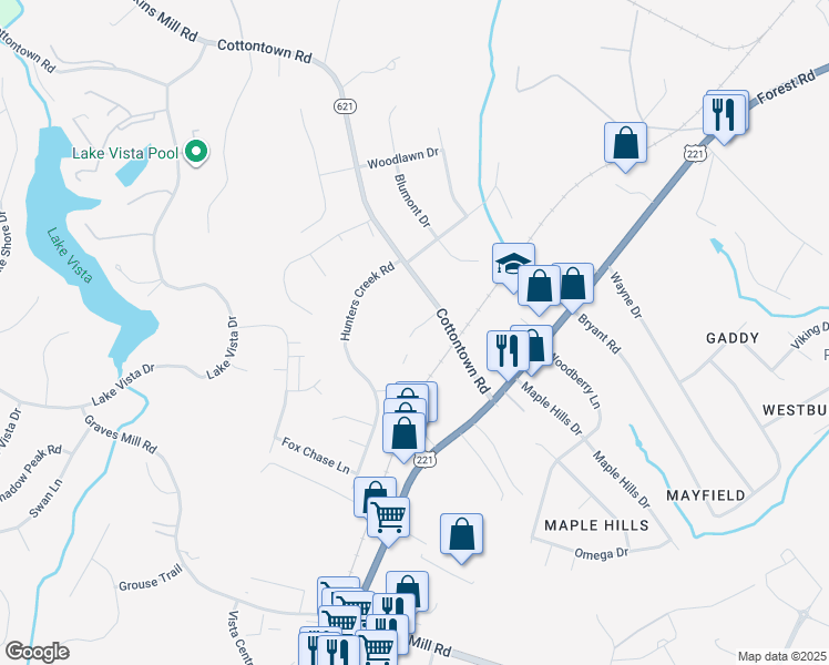 map of restaurants, bars, coffee shops, grocery stores, and more near 1230 Cottontown Road in Forest
